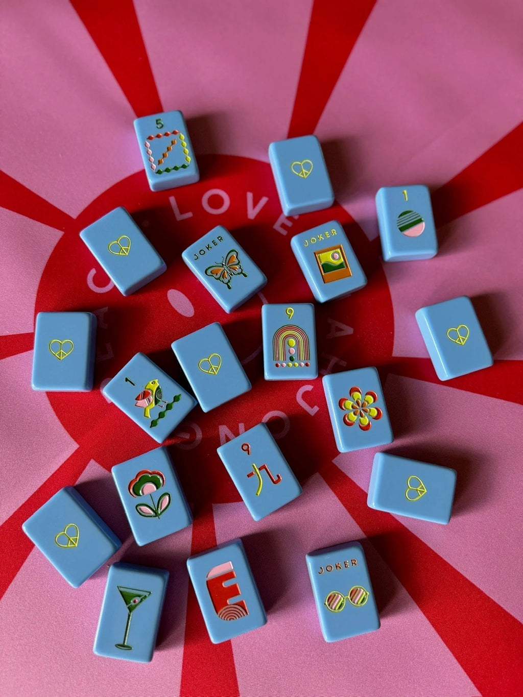 Peace Love Mahjong | Mod French Blue Mahjong Tiles + Tile Pouch + Dice