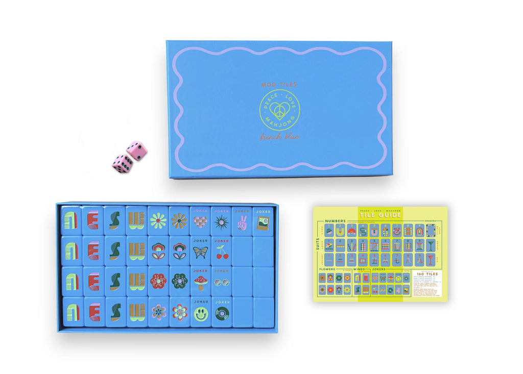 Peace Love Mahjong | Mod French Blue Mahjong Tiles + Tile Pouch + Dice